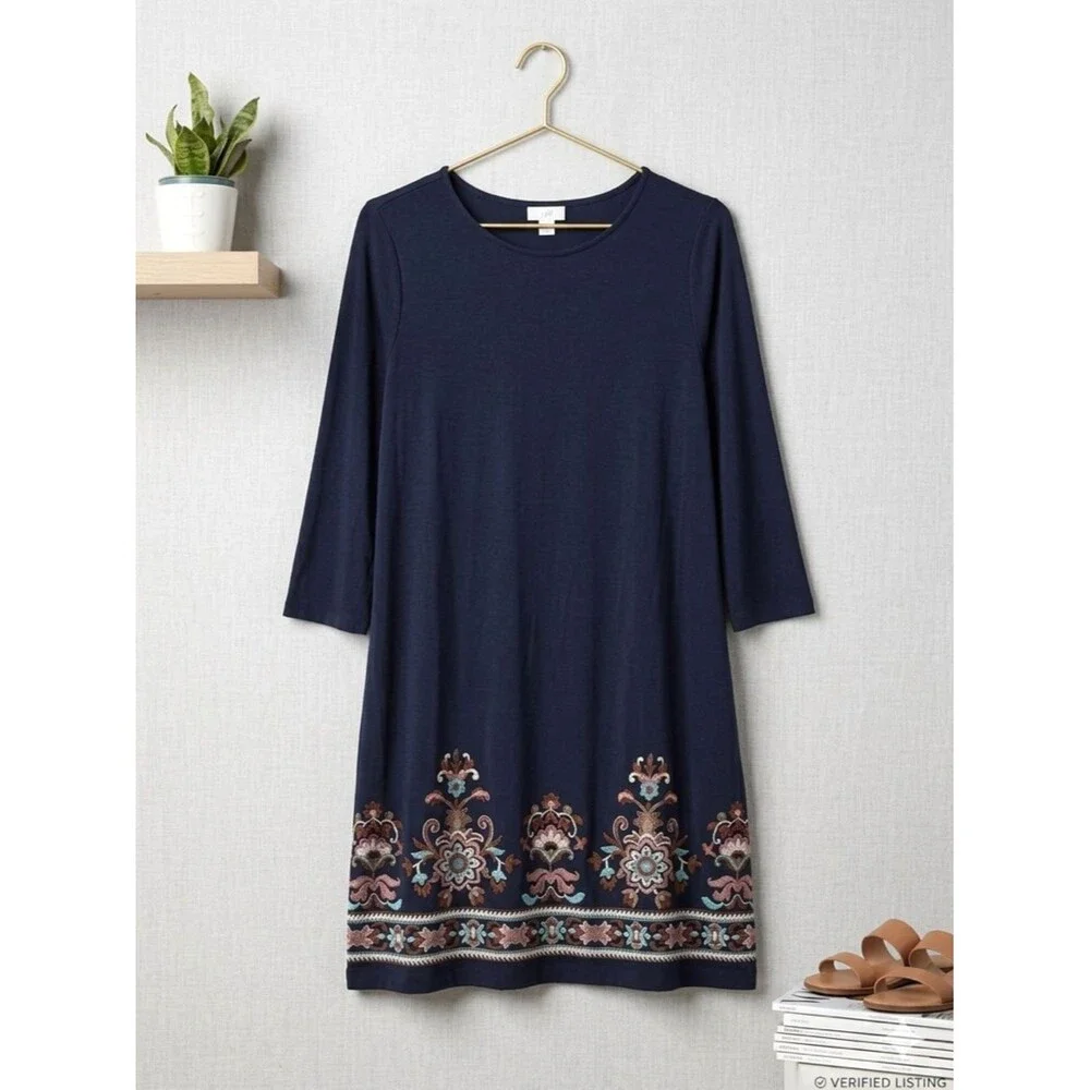 J. Jill Embroidered Floral Long Sleeve Shift Dress L Navy Blue Boho Chic Coastal